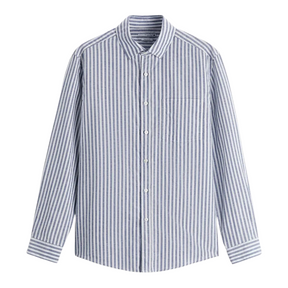 Camisa de Linho Masculina Romenzi Listrada RZ801 em detalhe, peça em linho premium com estampa listrada que garante respirabilidade, conforto e estilo.