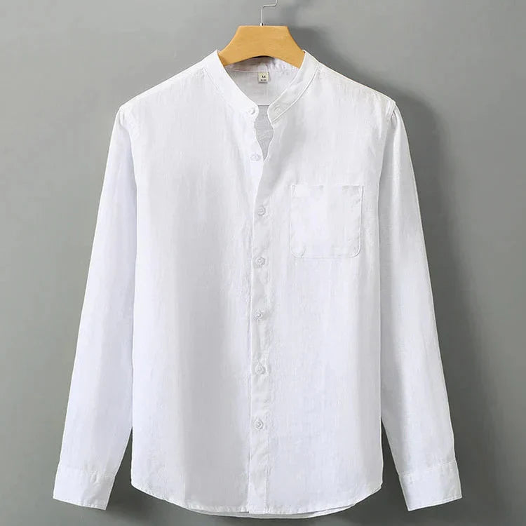 Camisa de Linho Masculina Romenzi RZ792 feita em linho nobre, respirável e sofisticada, com caimento impecável e estilo clássico para eventos elegantes.