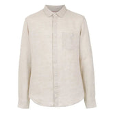 Camisa de Linho Masculina Romenzi RZ797 em detalhe, peça em linho premium que oferece respirabilidade, conforto térmico, durabilidade e estilo sofisticado.