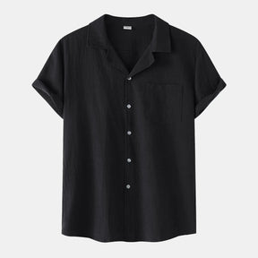 Camisa de Linho Masculina Romenzi RZ803 em detalhe, peça leve em linho respirável com mangas curtas que garante conforto e estilo casual sofisticado.