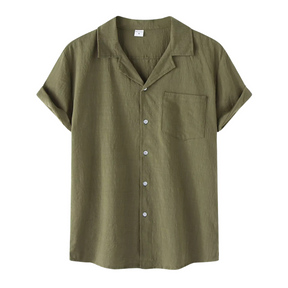 Camisa de Linho Masculina Romenzi RZ803 em detalhe, peça leve em linho respirável com mangas curtas que garante conforto e estilo casual sofisticado.