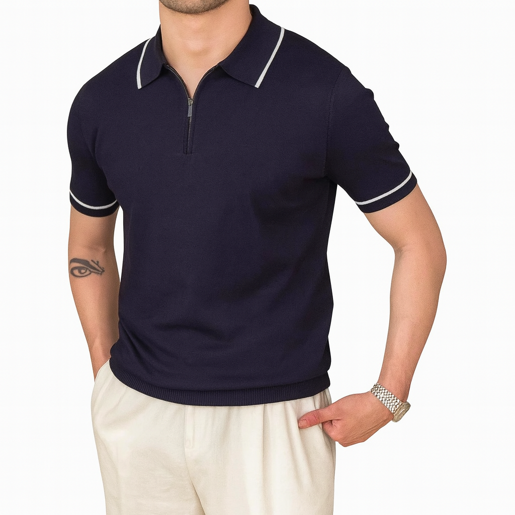 Camisa Polo Masculina Romenzi Lugo RZ620 em detalhe, polo exclusiva em materiais de alta qualidade que oferece conforto, durabilidade e estilo sofisticado.