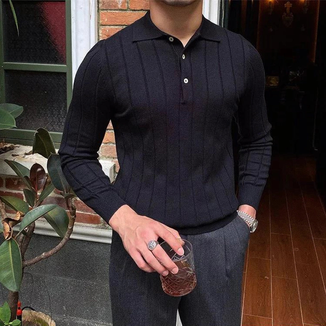 Camisa Polo Masculina Romenzi Reus RZ603 em detalhe, polo de manga longa em materiais premium que oferece conforto, durabilidade e estilo refinado.