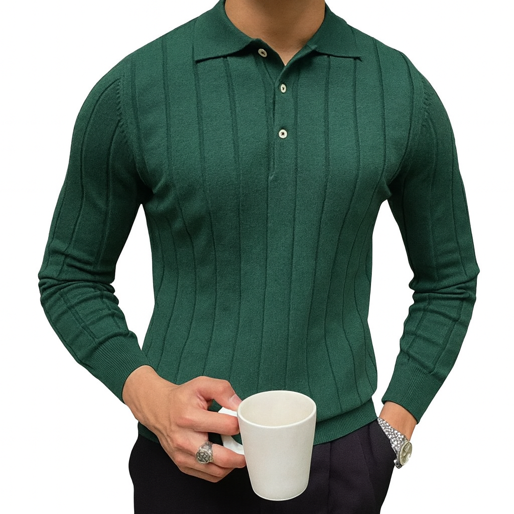 Camisa Polo Masculina Romenzi Reus RZ603 em detalhe, polo de manga longa em materiais premium que oferece conforto, durabilidade e estilo refinado.
