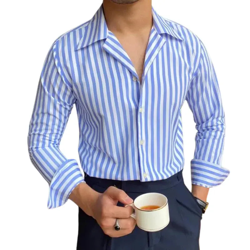 Camisa Social Masculina Listrada Romenzi RZ087, slim fit, confortável e sofisticada, perfeita para o trabalho e eventos formais.