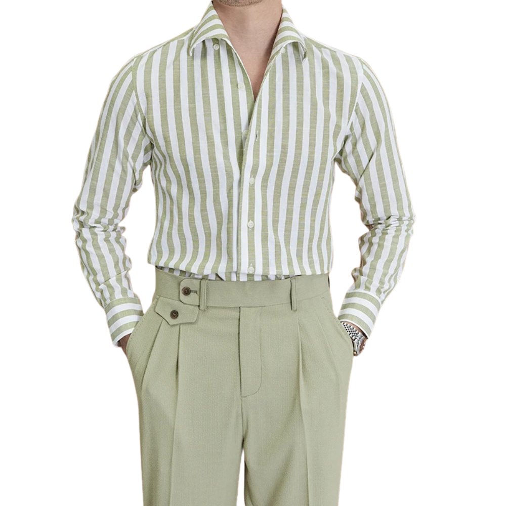 Camisa Social Masculina Listrada Romenzi RZ089, peça sofisticada com tecido de algodão e poliéster, ideal para looks formais e casuais.
