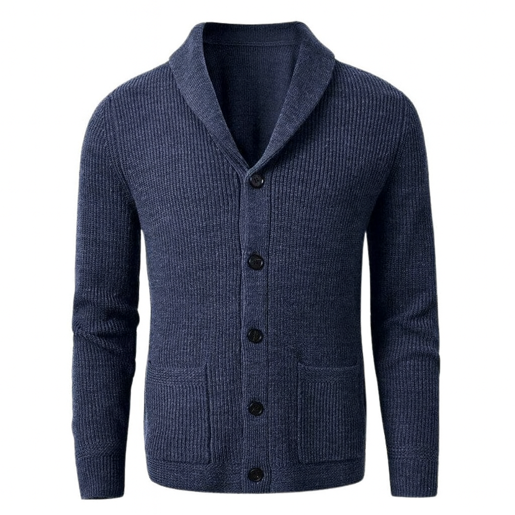 Cardigan Masculino Gola em V Romenzi RZ644 em detalhe, peça elegante confeccionada em lã merino, acrílico e nylon, ideal para looks casuais ou formais.