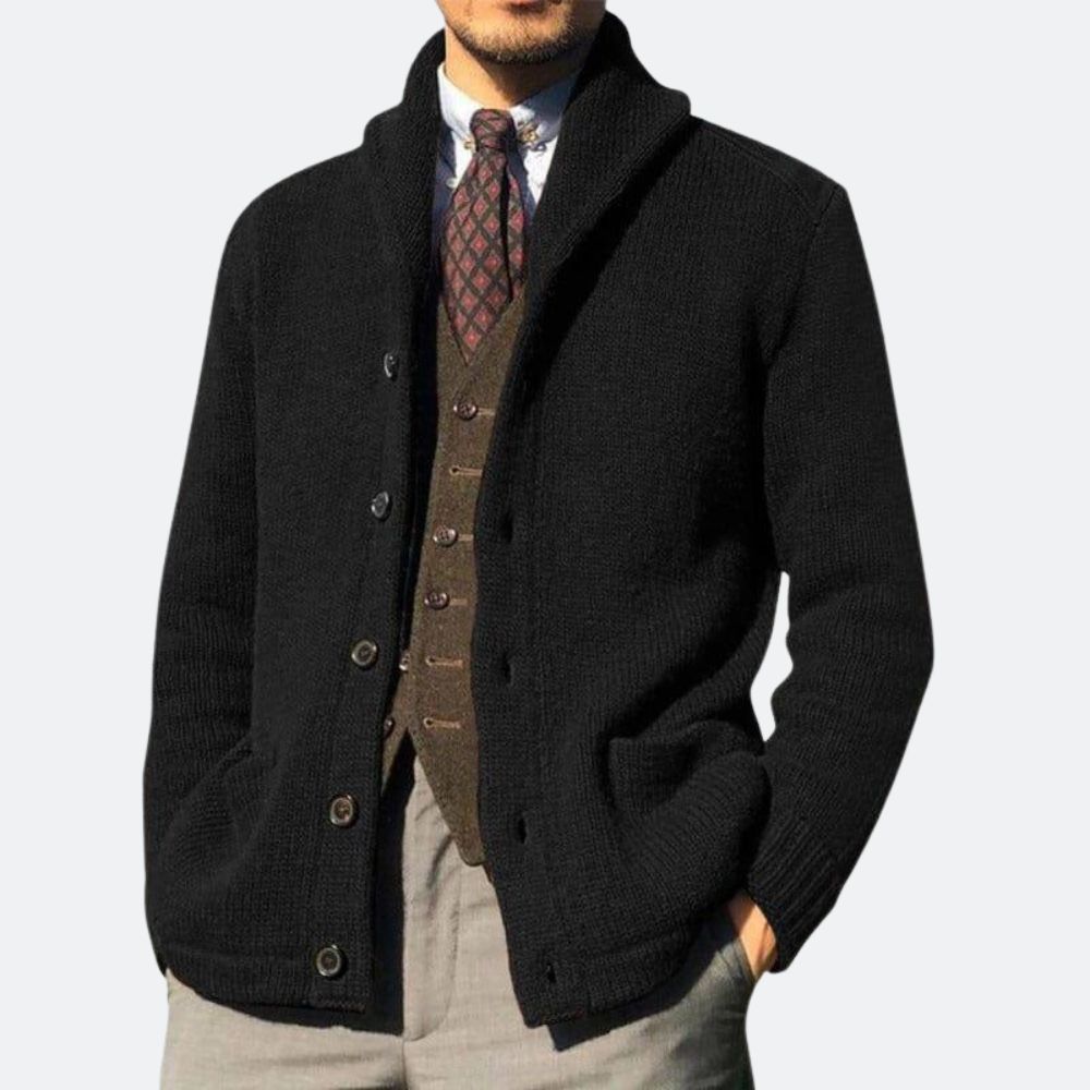 Cardigan Masculino London Romenzi RZ647 em detalhe, peça premium elegante em algodão e spandex, com estilo retrô sofisticado e toque contemporâneo.