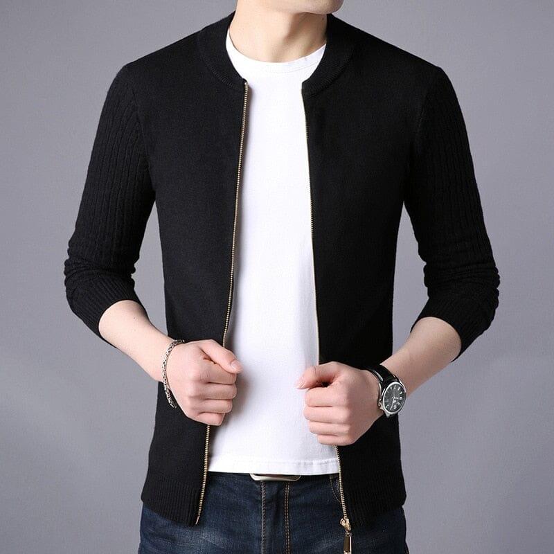 Cardigan Masculino Noir Romenzi RZ648 em detalhe, peça premium em lã de alta qualidade, com corte slim fit elegante para looks casuais ou formais.