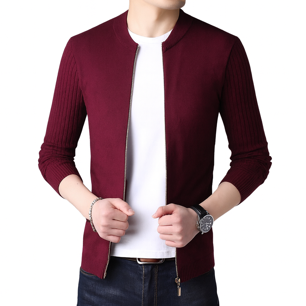 Cardigan Masculino Noir Romenzi RZ648 em detalhe, peça premium em lã de alta qualidade, com corte slim fit elegante para looks casuais ou formais.