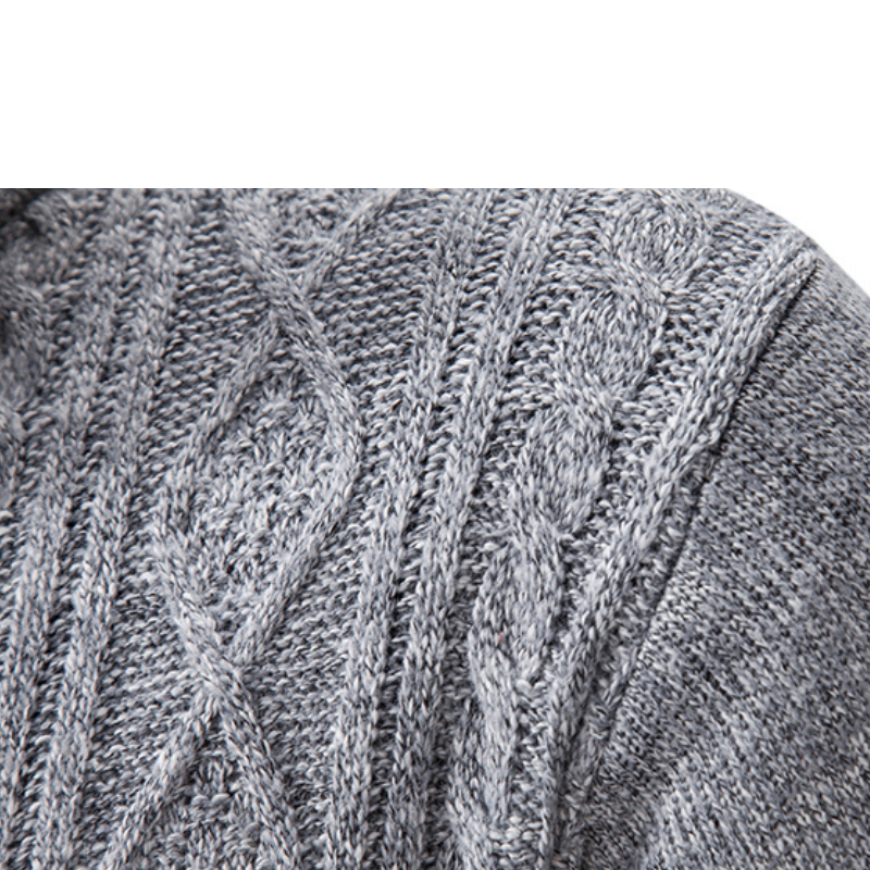 Cardigan Masculino Social Romenzi RZ651 em detalhe, peça premium em poliéster com gola alta, versátil e sofisticada para ocasiões profissionais ou casuais.