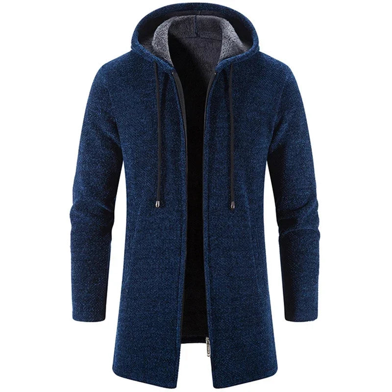 Casaco Masculino Longo com Capuz Romenzi RZ325, tecido premium, design exclusivo, antialérgico, confortável e resistente, ideal para looks formais e casuais.