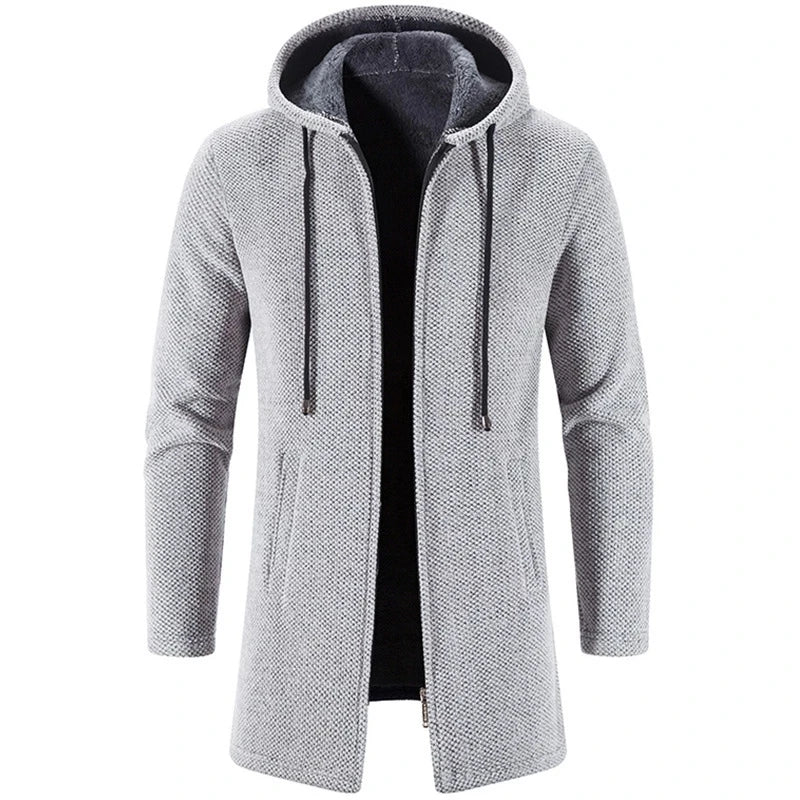 Casaco Masculino Longo com Capuz Romenzi RZ325, tecido premium, design exclusivo, antialérgico, confortável e resistente, ideal para looks formais e casuais.