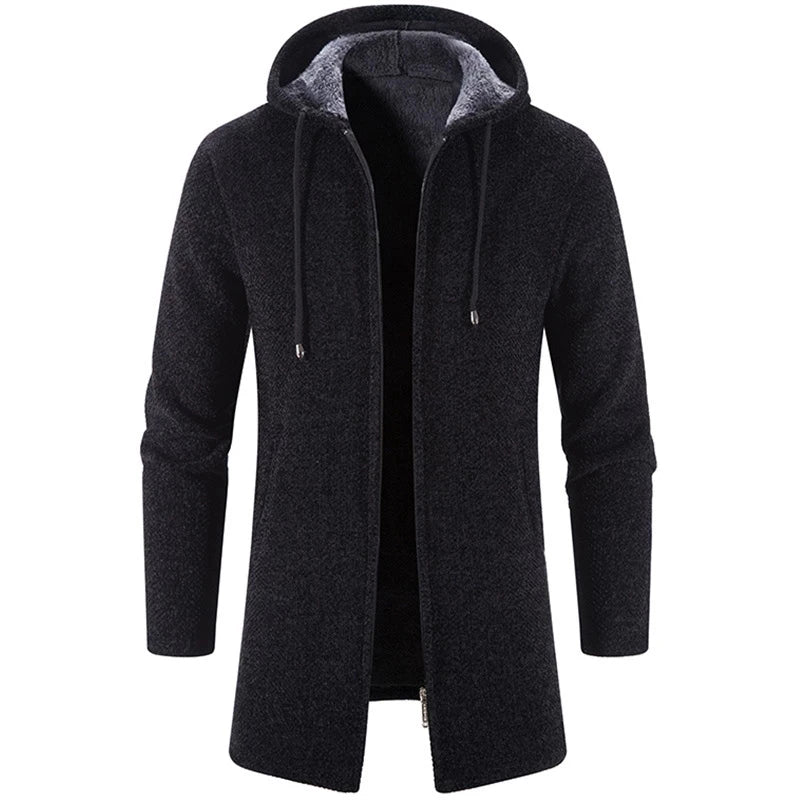 Casaco Masculino Longo com Capuz Romenzi RZ325, tecido premium, design exclusivo, antialérgico, confortável e resistente, ideal para looks formais e casuais.