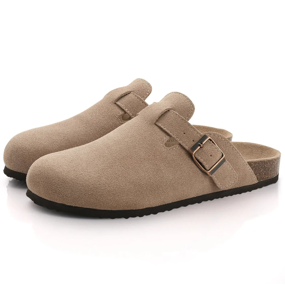 Chinelo Slide Masculino Chicago Old Money Romenzi RZ899 em detalhe, feito em camurça bovina premium com sola de cortiça e estilo sofisticado.