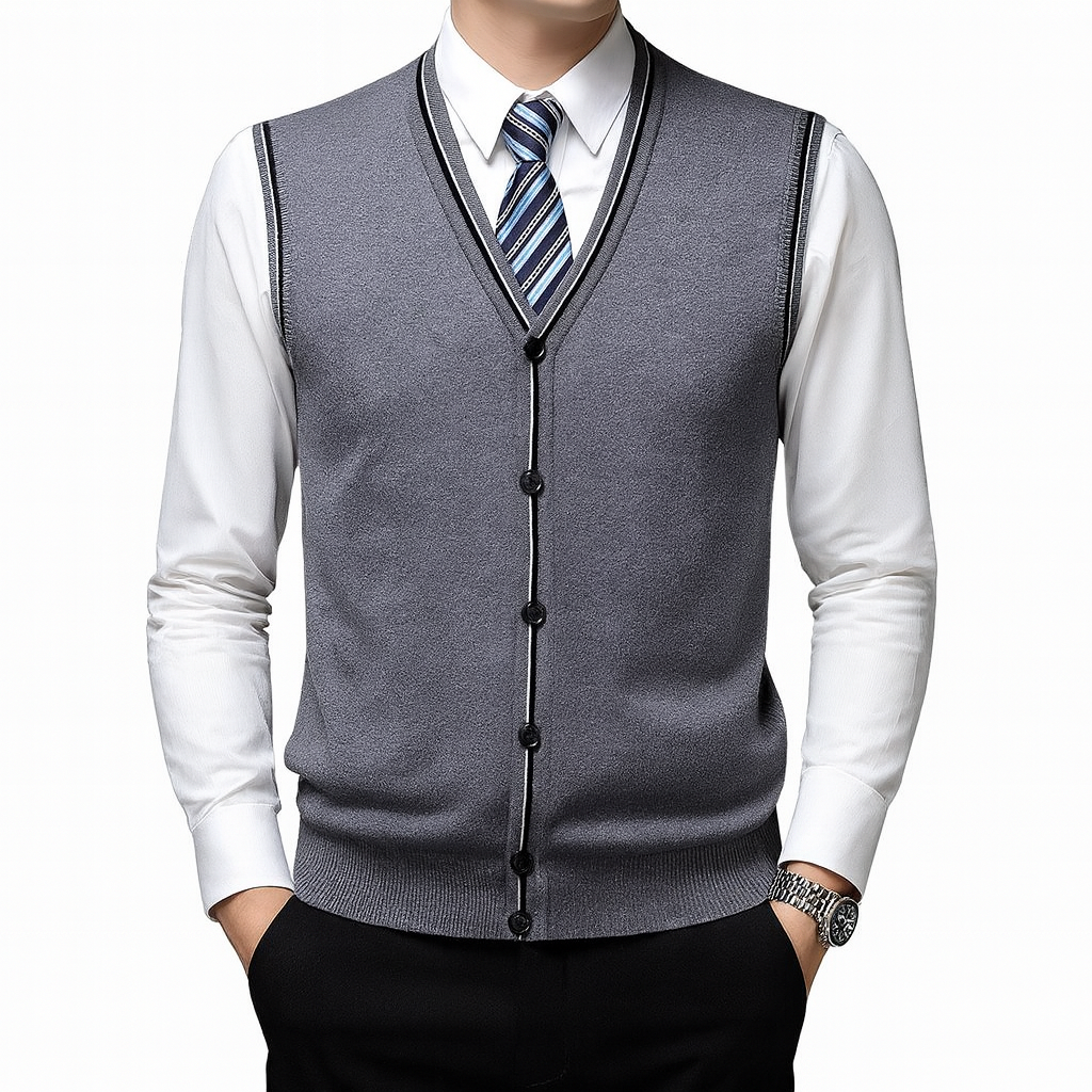 Colete Masculino de Lã com Botões Romenzi RZ655 em detalhe, peça elegante e resistente em lã premium, ideal para looks casuais ou formais sofisticados.