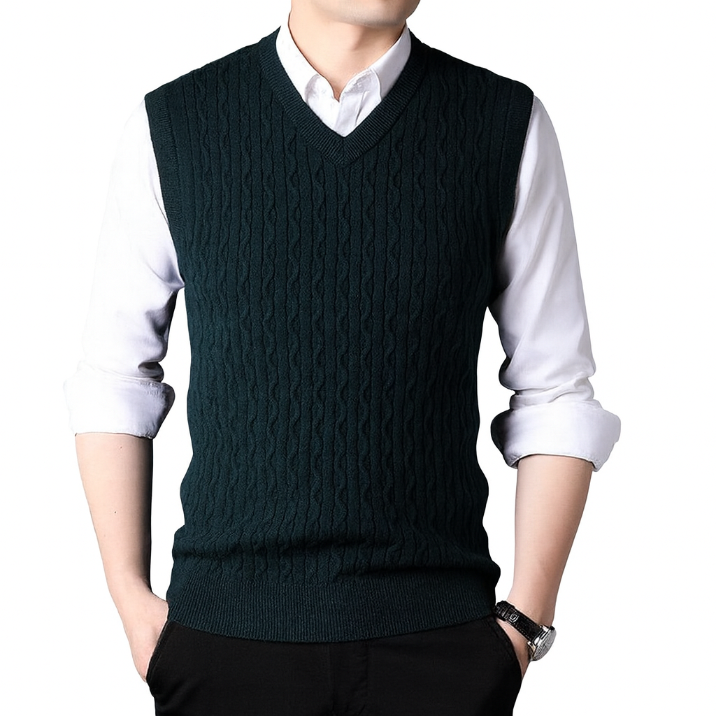 Colete Masculino de Suéter em Lã Romenzi RZ656 em detalhe, peça elegante e aconchegante em lã premium, ideal para looks casuais ou passeios ao ar livre.