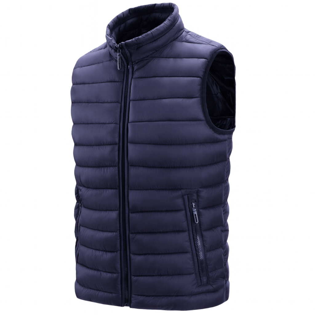 Colete Masculino Puffer Romenzi RZ670 em detalhe, peça acolchoada resistente e sofisticada, ideal para aquecer com estilo em dias frios de até -6ºC.