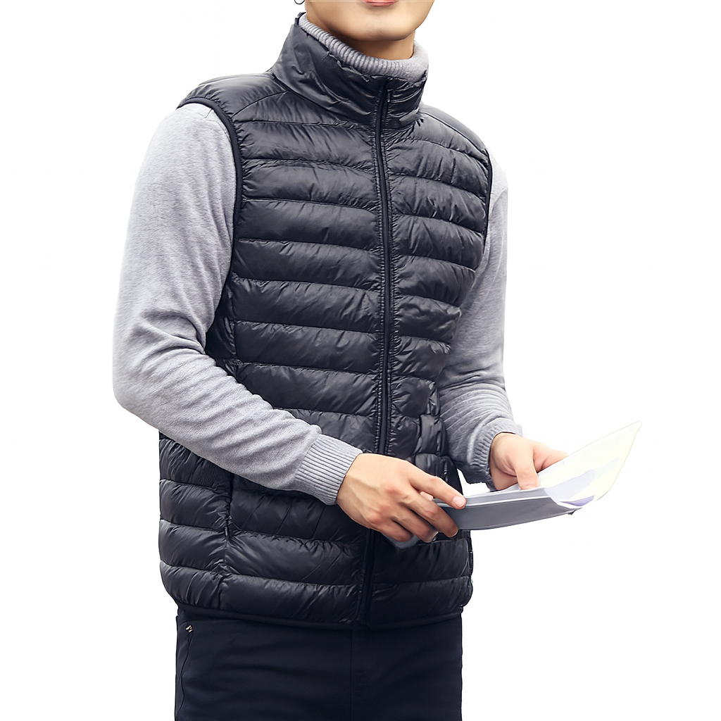 Colete Masculino Puffer Vergara Romenzi RZ671 em detalhe, peça acolchoada sofisticada e resistente, ideal para aquecer com estilo em ocasiões casuais ou formais.