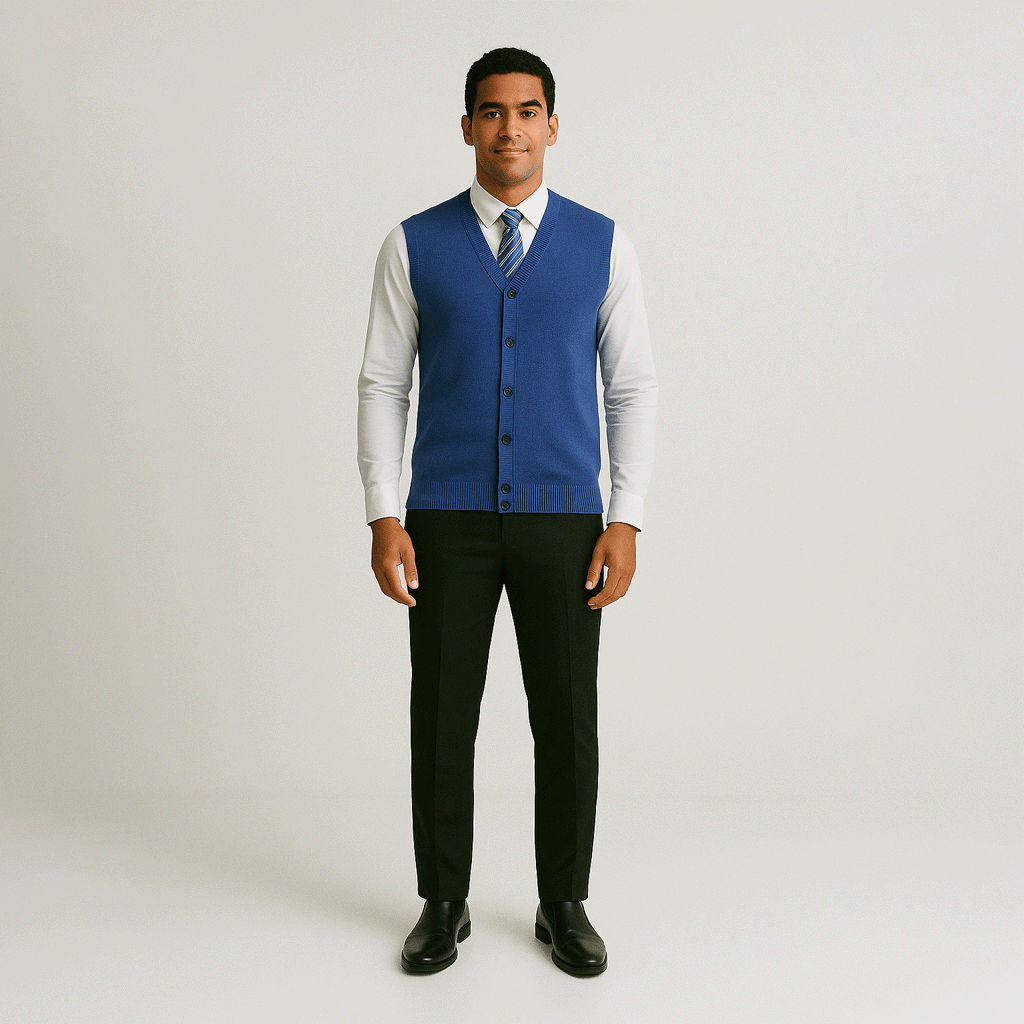 Colete Masculino Social England Romenzi RZ661 em detalhe, peça social sofisticada e resistente, ideal para compor looks masculinos formais com elegância.