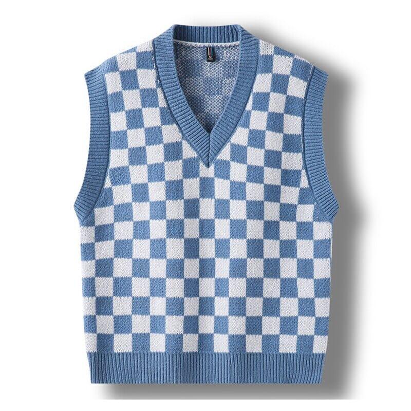 Colete Masculino Tricot Carlsen Romenzi RZ664 em detalhe, peça em tricot de alta qualidade com estampa xadrez, versátil e elegante para o dia a dia.
