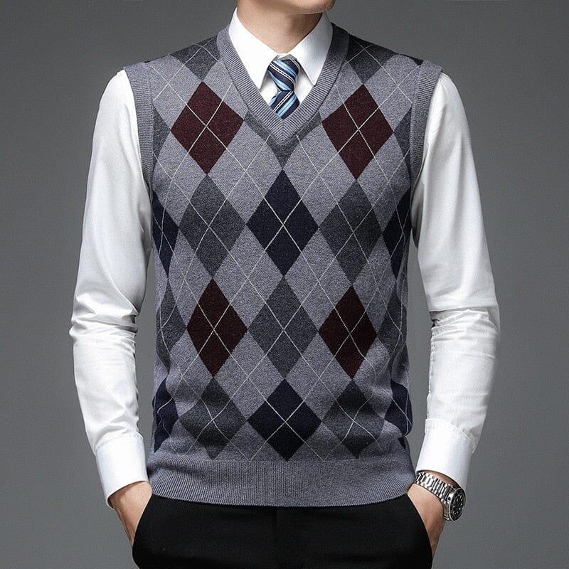 Colete Masculino Tricot Diamond Romenzi RZ665 em detalhe, peça sofisticada em tricot resistente e elegante, ideal para produções casuais ou sociais.