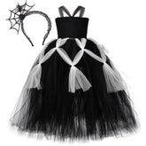Fantasia Infantil Aranhinha Encantada com vestido e arquinho, feita em poliéster, nylon e voile de alta qualidade, ideal para festas e brincadeiras.