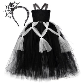 Fantasia Infantil Aranhinha Encantada com vestido e arquinho, feita em poliéster, nylon e voile de alta qualidade, ideal para festas e brincadeiras.