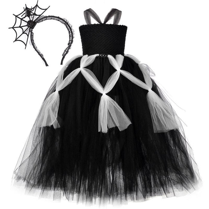 Fantasia Infantil Aranhinha Encantada com vestido e arquinho, feita em poliéster, nylon e voile de alta qualidade, ideal para festas e brincadeiras.