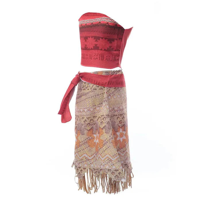 Fantasia Infantil Aventureira do Oceano com vestido, colar, coroa, peruca e porquinho, ideal para festas infantis e brincadeiras mágicas.