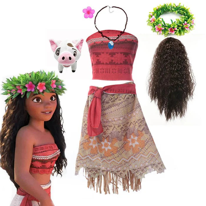 Fantasia Infantil Aventureira do Oceano com vestido, colar, coroa, peruca e porquinho, ideal para festas infantis e brincadeiras mágicas.