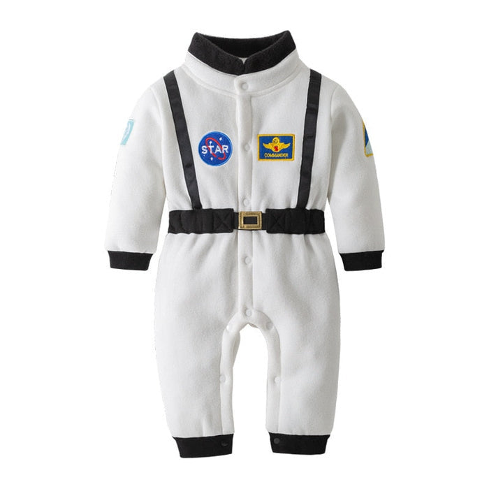 Fantasia Infantil Bebê Explorador Espacial Astronauta feita em poliéster e veludo macio, ideal para festas, eventos e brincadeiras criativas.