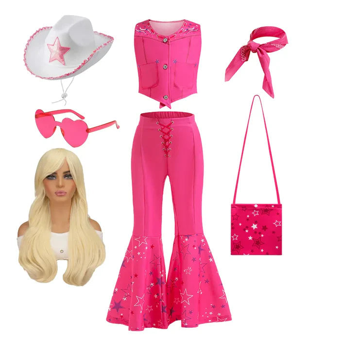 Fantasia Infantil Boneca Fashion Rosa com peruca, chapéu, óculos, lenço e bolsa, feita em poliéster e malha para festas e brincadeiras.
