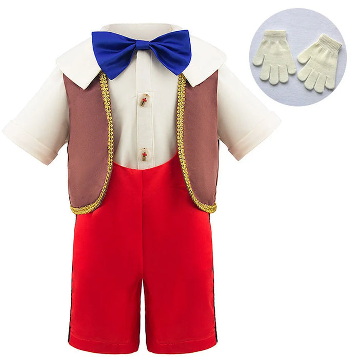 Fantasia Infantil Boneco de Madeira Encantado com chapéu, macacão e luvas, ideal para festas infantis e brincadeiras mágicas.