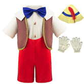 Fantasia Infantil Boneco de Madeira Encantado com chapéu, macacão e luvas, ideal para festas infantis e brincadeiras mágicas.