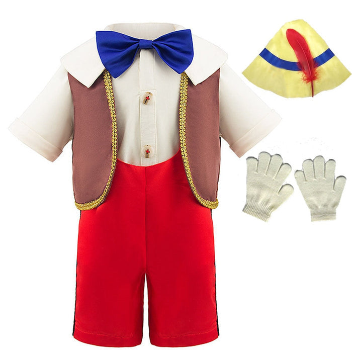 Fantasia Infantil Boneco de Madeira Encantado com chapéu, macacão e luvas, ideal para festas infantis e brincadeiras mágicas.