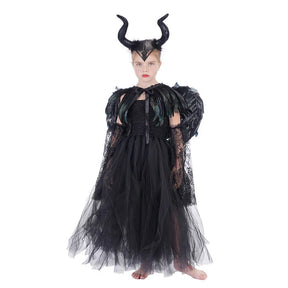 Fantasia Infantil Bruxa Obscura com vestido, asas e tiara, feita em algodão e nylon, ideal para festas infantis e brincadeiras cheias de imaginação.