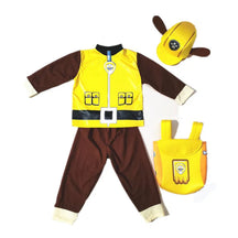 Fantasia Infantil Cachorrinho Amarelo Construtor com mochila, boné, blusa e calça em poliéster, perfeita para festas, brincadeiras e aventuras infantis.