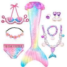 Fantasia Infantil Cauda de Sereia com cauda, biquíni, tiara de flores e acessórios, perfeita para festas infantis e brincadeiras mágicas.