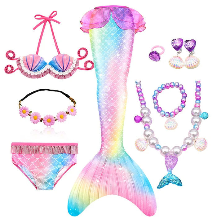 Fantasia Infantil Cauda de Sereia com cauda, biquíni, tiara de flores e acessórios, perfeita para festas infantis e brincadeiras mágicas.