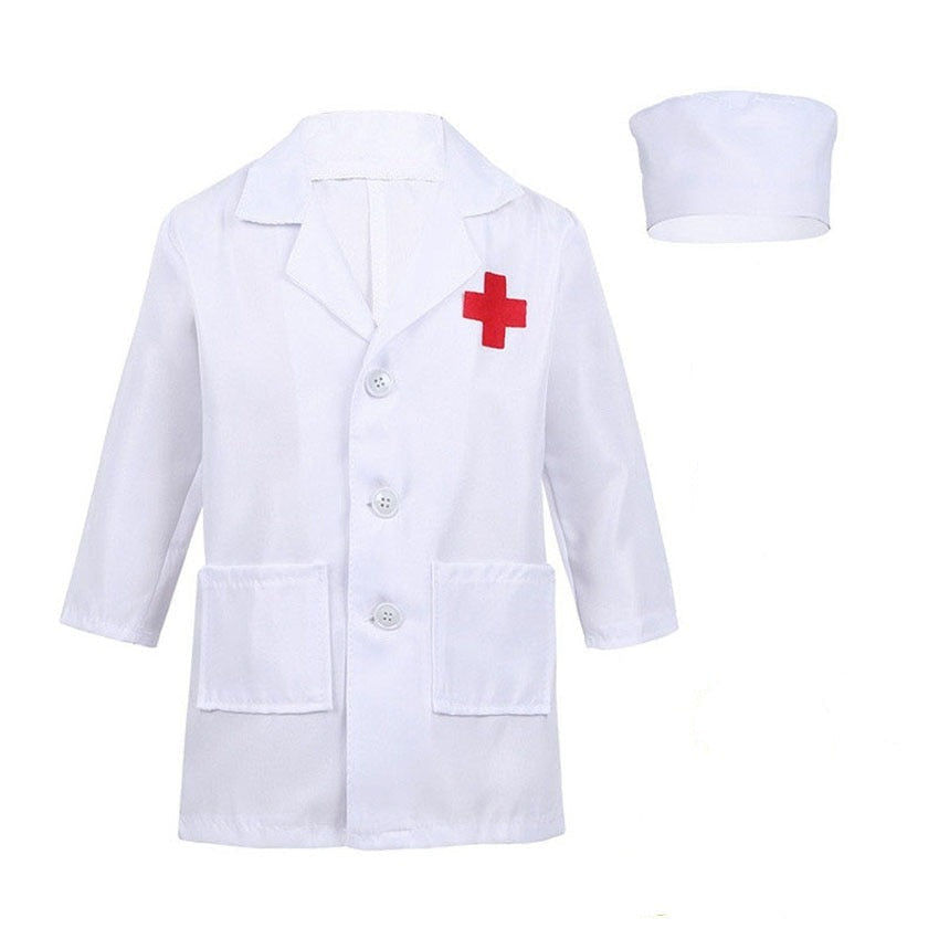 Fantasia de Médico Infantil com jaleco e acessórios, feita em materiais de qualidade, ideal para festas, brincadeiras e apresentações escolares.