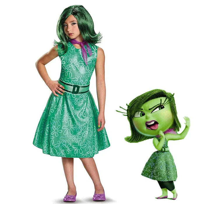 Fantasia Infantil Emoção Verde Divertida em poliéster, opções com ou sem peruca, ideal para festas infantis e brincadeiras cheias de imaginação.