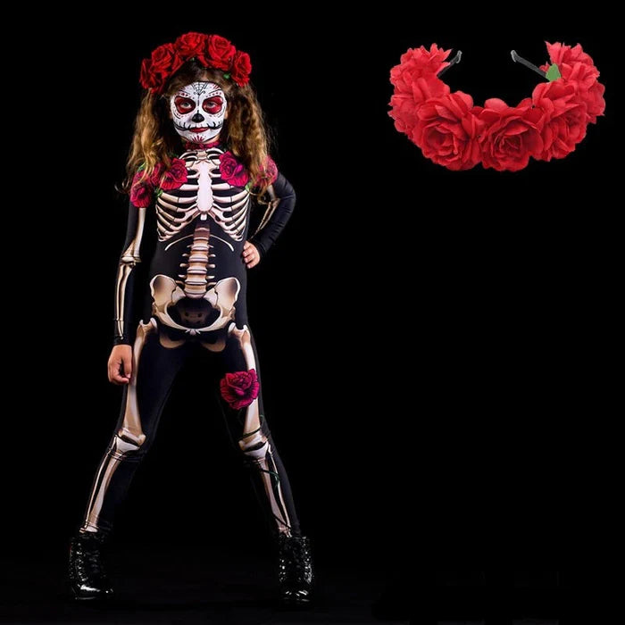 Fantasia Infantil Esqueleto com vestido e cabelo temático, feita em poliéster, ideal para festas de Halloween e brincadeiras infantis.