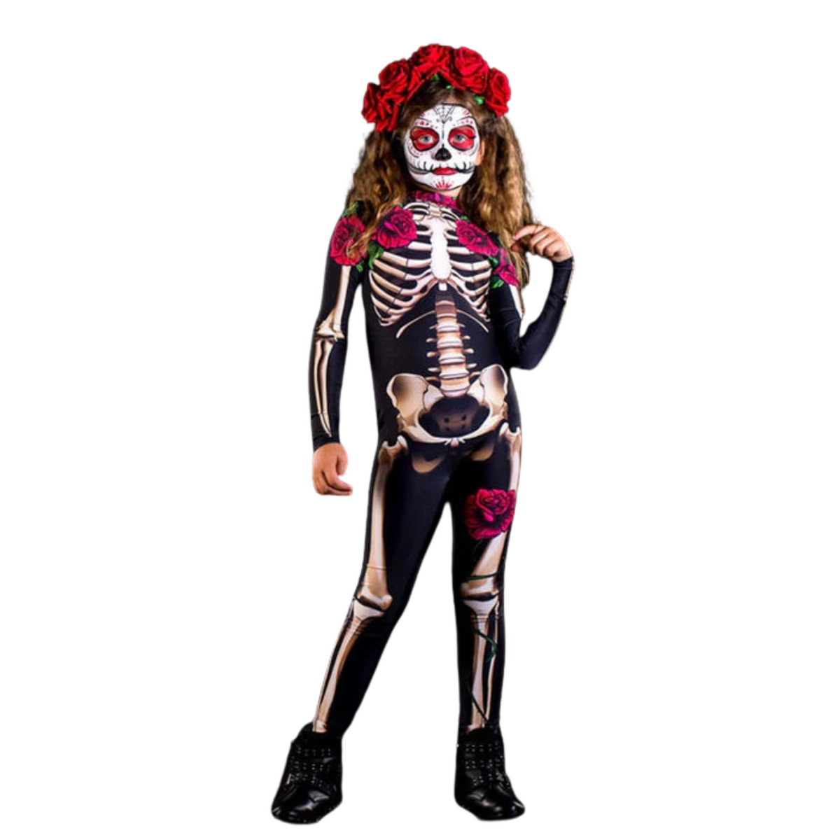 Fantasia Infantil Esqueleto com vestido e cabelo temático, feita em poliéster, ideal para festas de Halloween e brincadeiras infantis.