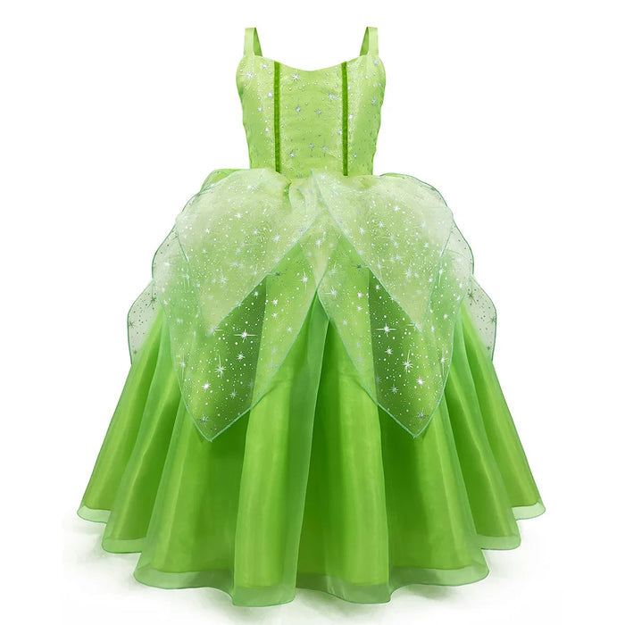Fantasia Infantil Fada Verde Encantada com vestido, asas, luvas, coroa, colar e brincos, perfeita para festas infantis e brincadeiras mágicas.