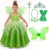 Fantasia Infantil Fada Verde Encantada com vestido, asas, luvas, coroa, colar e brincos, perfeita para festas infantis e brincadeiras mágicas.