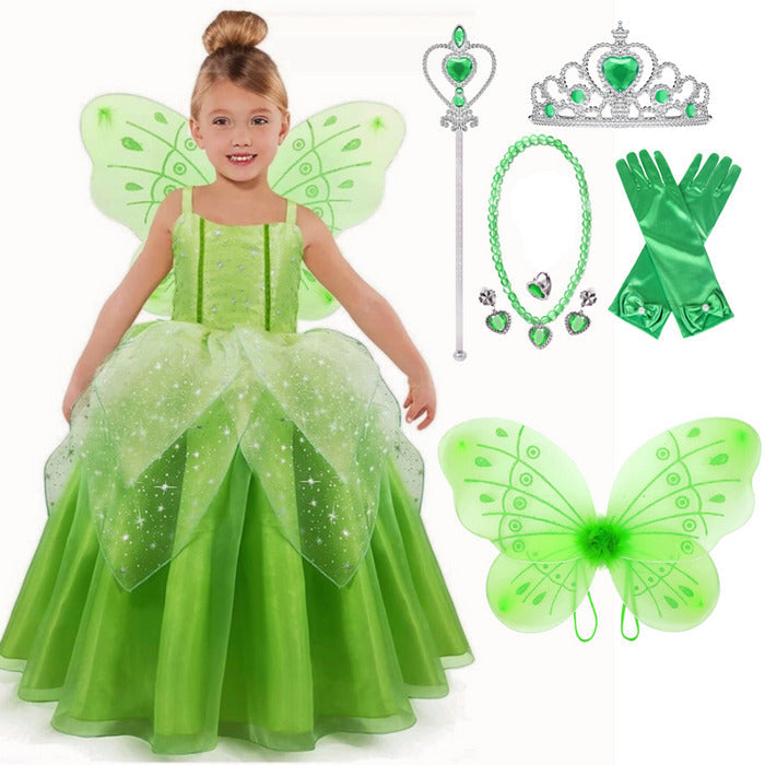 Fantasia Infantil Fada Verde Encantada com vestido, asas, luvas, coroa, colar e brincos, perfeita para festas infantis e brincadeiras mágicas.