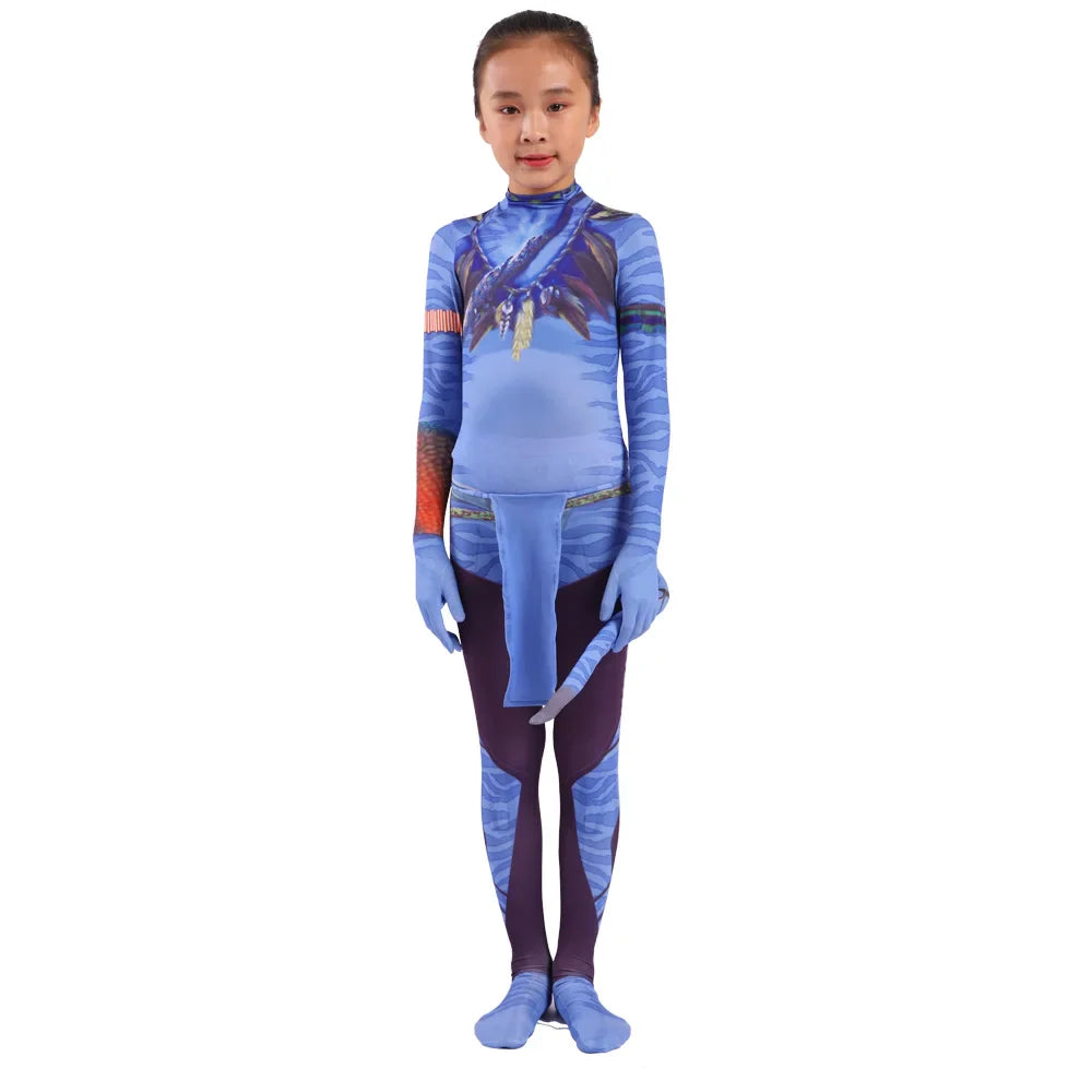 Fantasia Infantil Guerreiro Azul Tribal feita em poliéster e elastano, ideal para festas infantis e brincadeiras cheias de ação e imaginação.