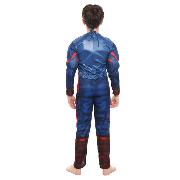 Fantasia Infantil Herói Azul e Vermelho com máscara e roupa, feita em poliéster, ideal para festas infantis e brincadeiras cheias de imaginação.