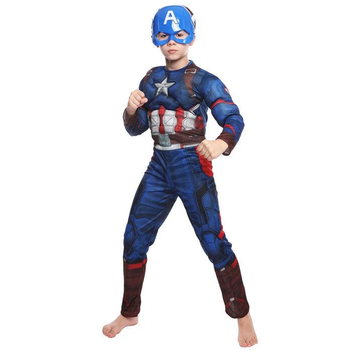 Fantasia Infantil Herói Azul e Vermelho com máscara e roupa, feita em poliéster, ideal para festas infantis e brincadeiras cheias de imaginação.